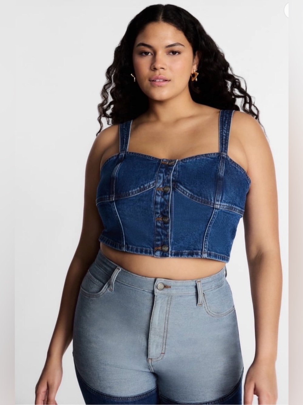 A269 Kacey Lee Button-Front Cropped Denim Bustier Blue Top NEW